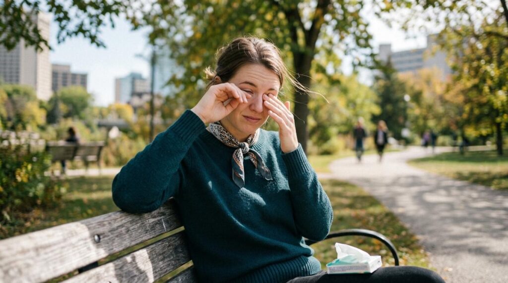 Person rubbing dry, irritated eyes, illustrating the connection between allergies and dry eye symptoms.