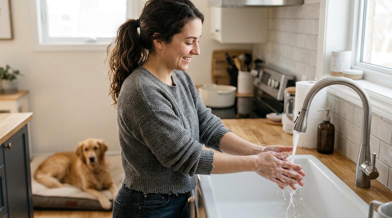 Person washing hands at a sink after touching a pet to prevent the spread of germs.