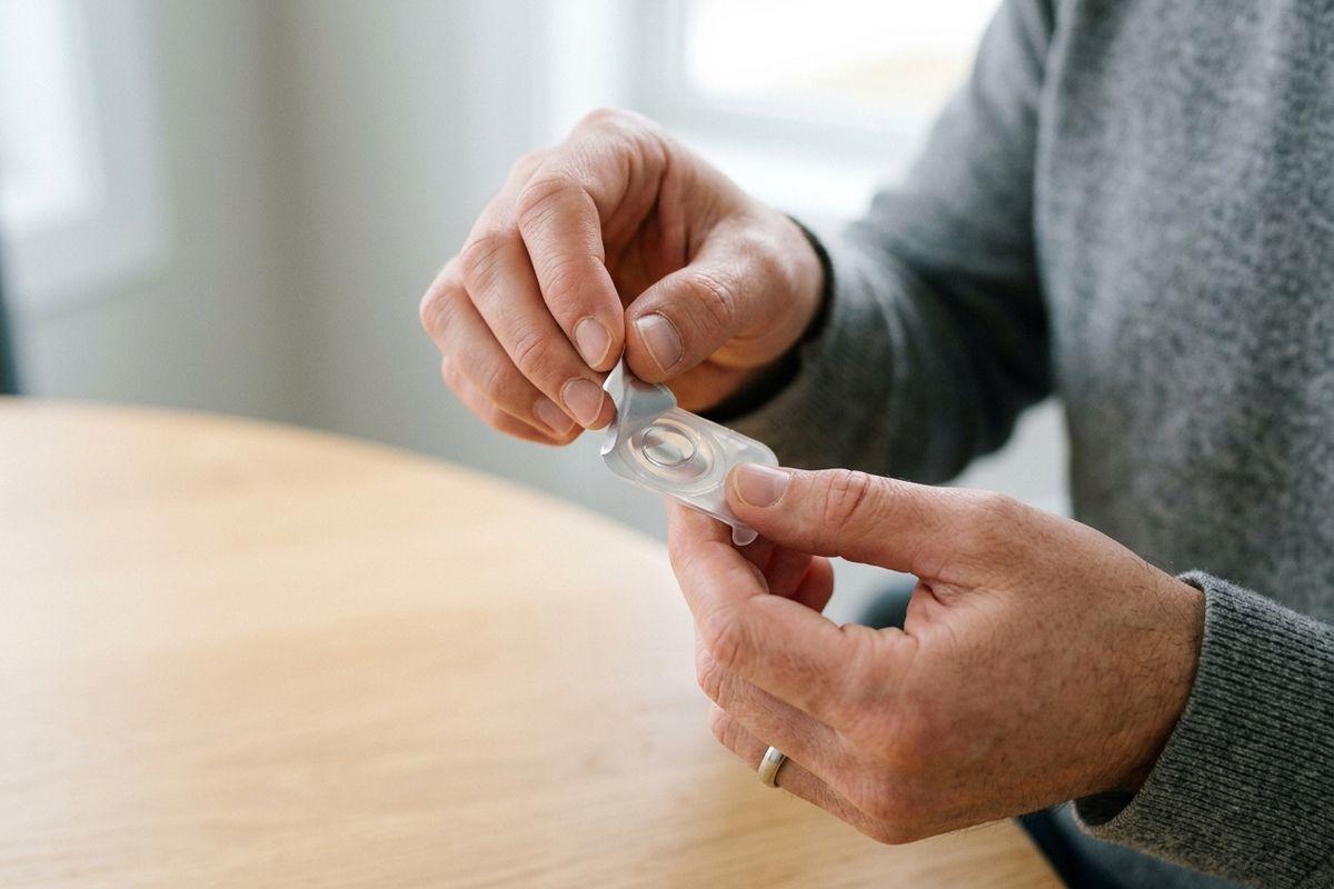 a person opening a contact lens blister pack