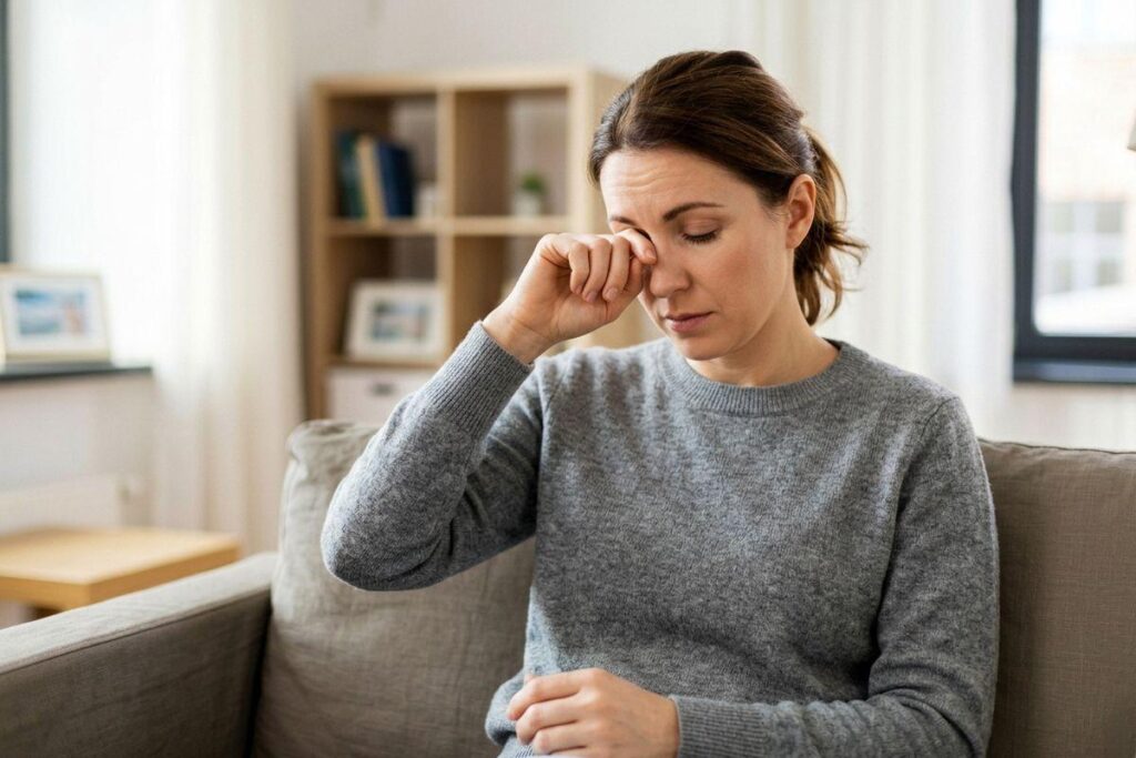 a person rubbing their dry eyes while at home
