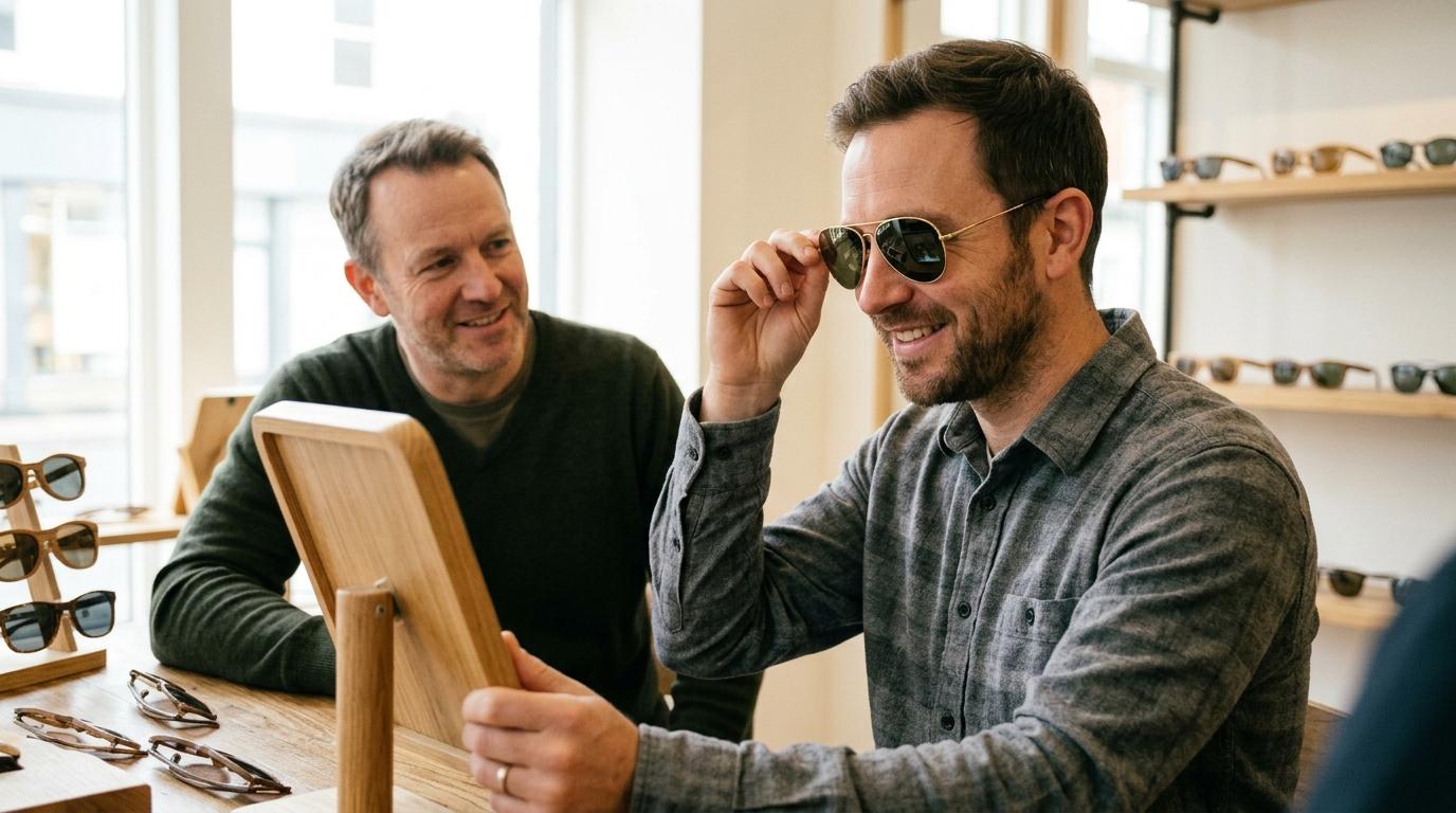 Adult wearing classic aviator-frame sunglasses outdoors, showcasing a timeless and popular eyewear style for men.