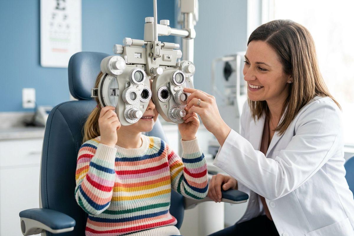 Optometrist smiling while adjusting a phoropter for a child looking through it during an eye exam.
