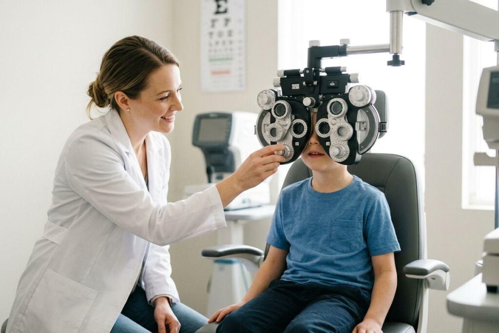 Optometrist adjusts a phoropter for a child during an eye exam, with an eye chart on the wall behind.