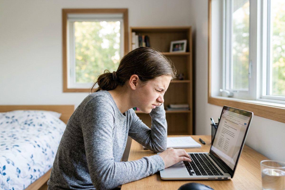 Person squinting at a laptop while typing at a desk by a window in a bedroom.