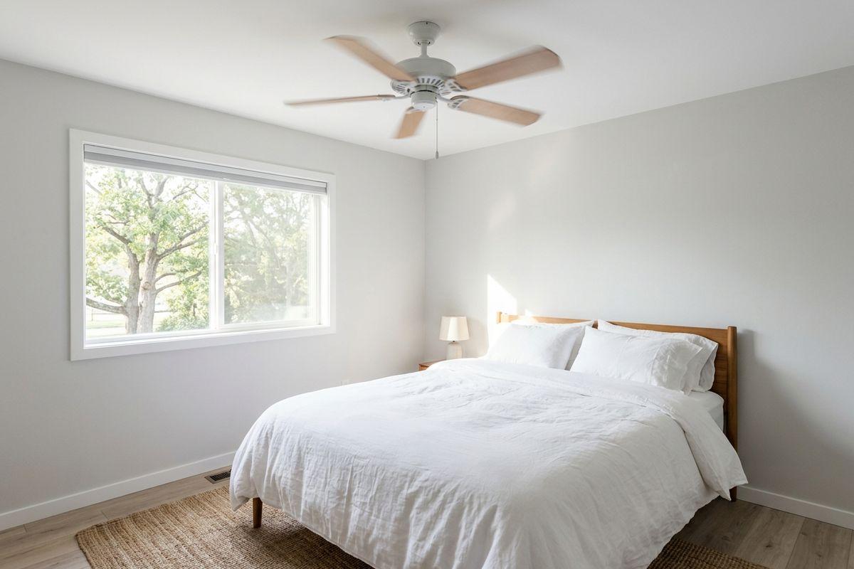 Bedroom with wooden-framed bed and white bedding, ceiling fan, large window overlooking trees, and jute rug on wood floor.