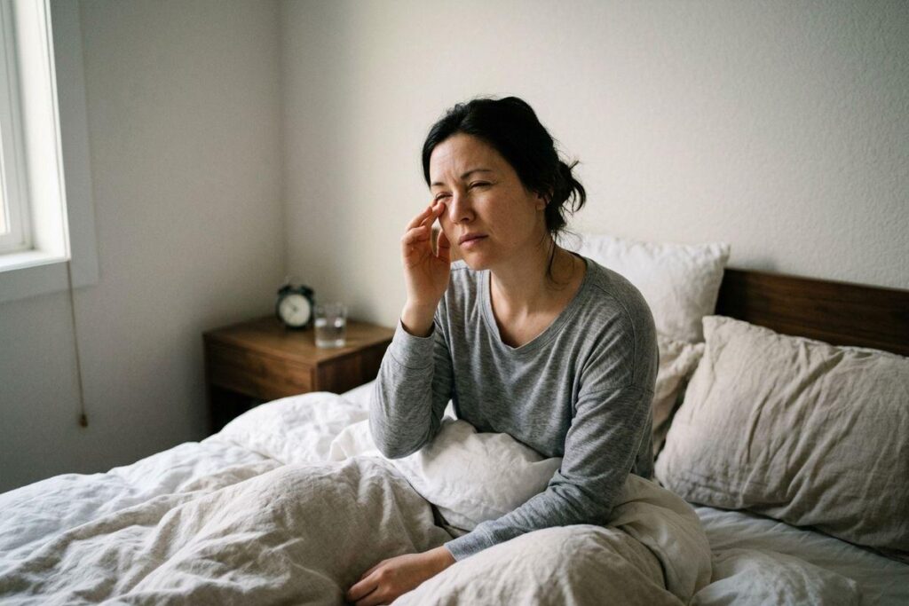Person sitting up in bed rubbing eye, looking tired, with alarm clock and glass of water on nightstand.